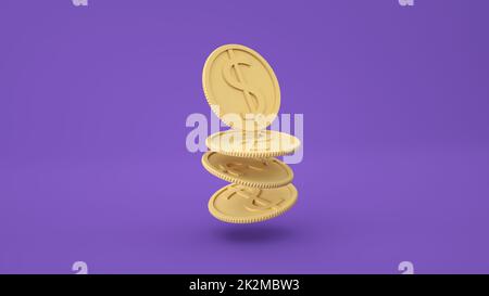 Münzstapel auf violettem Hintergrund, Gewinn aus Unternehmensinvestitionen, Geldsparkonzept. 3D-Darstellung rendern. Stockfoto