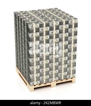 Neu gedrucktes Geld auf Holzpellet isoliert auf weißem Hintergrund. 3D Abbildung Stockfoto