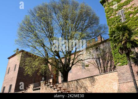 Pomaro Monferrato ist ein kleines mittelalterliches Dorf, das auf einem Hügel in der Nähe der imposanten alten Backsteinburg mit Blick auf die Hügel steht. Stockfoto