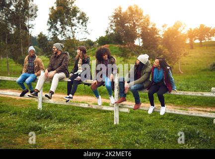 Am Wochenende aus der Stadt raus. Aufnahme einer glücklichen Gruppe von Freunden, die in einer Reihe auf einem Zaun zusammen sitzen. Stockfoto