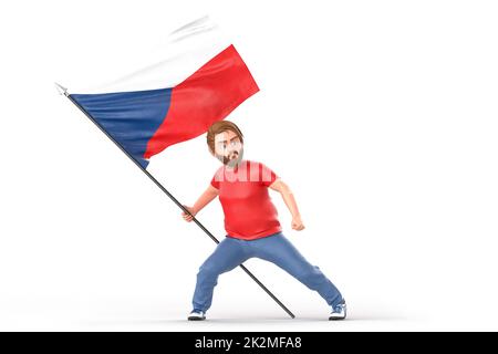 Mann, der stolz die winkende Flagge der Tschechischen Republik hält. Isoliert auf weißem Hintergrund. 3D Rendering Stockfoto