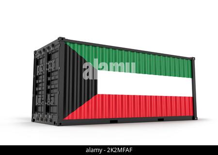 Realistischer Frachtcontainer mit Flagge von Kuwait strukturiert. Isoliert. 3D Rendering Stockfoto