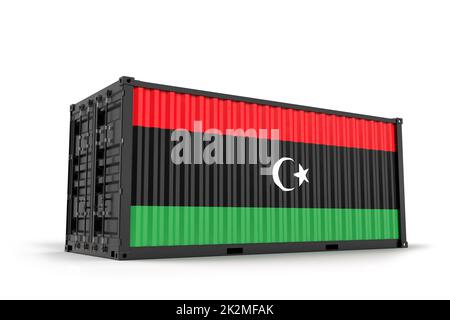 Realistischer Frachtcontainer mit Flagge von Libyen strukturiert. Isoliert. 3D Rendering Stockfoto