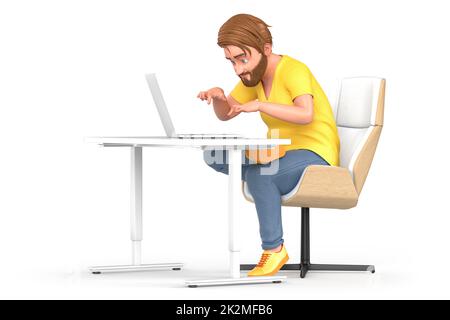 IT-Spezialist arbeitet an seinem Schreibtisch. Isoliert auf weißem Hintergrund. 3D Rendering Stockfoto