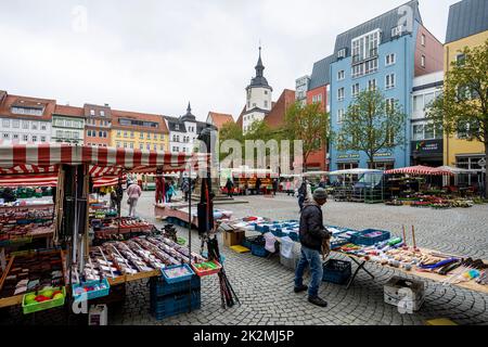 Marktplatz Jena mit dem alten Rathaus aus dem 14.. Jahrhundert Stockfoto