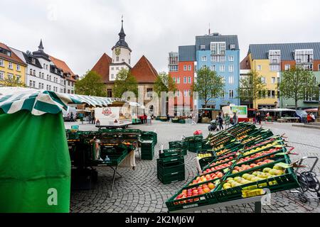 Marktplatz Jena mit dem alten Rathaus aus dem 14.. Jahrhundert Stockfoto