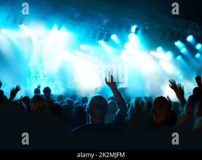 Musik in der Nacht unter dem Licht. Aufnahme von Fans, die ein Live-Konzert sehen. Stockfoto