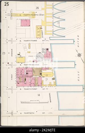 Kartografisch, Karten. 1910. Lionel Pincus und Prinzessin Firyal Map Division. Feuerversicherung , New York (Staat), Immobilien , New York (Staat), Städte & Orte , New York (Staat) Manhattan, V. 4, Plate No. 25 Karte begrenzt durch E. 34. St., E. 30. St., 1. Ave Stockfoto