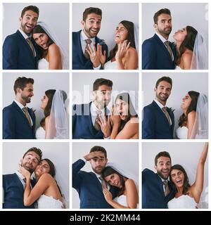 Was ist ein Hochzeitstag ohne die Erinnerungen. Zusammengesetztes Studiobild eines frisch verheirateten jungen Paares in verschiedenen lustigen Posen vor grauem Hintergrund. Stockfoto