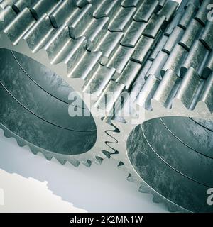 Metallzahnräder Hintergrund quadratisches Format. 3D Rendern Stockfoto