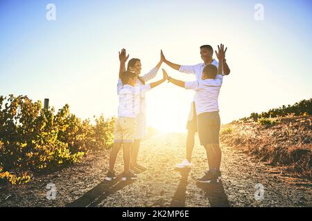 High Five für ein paar lustige Familienzeiten. Aufnahme einer glücklichen Familie, die im Freien zusammen fiving. Stockfoto