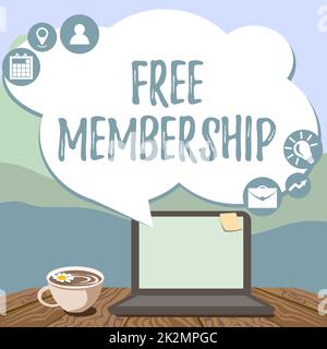 Schreiben zeigt Text Free Membership an. Business Concept Erhalten Sie Zugang zur kreativen Community, ohne etwas bezahlen zu müssen. Tippen Sie neben Coffe Becher und Plant Working From Home auch auf Ihrem Laptop. Stockfoto