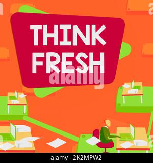 Konzeptionelle Darstellung Think Fresh. Konzept bedeutet Denken an natürliche Inhaltsstoffe positive Umgebung männlicher Büroangestellter nutzt Technologie verfügbares Büromaterial. Stockfoto