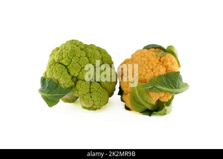 Farbenfroher Blumenkohl auf Weiß Stockfoto