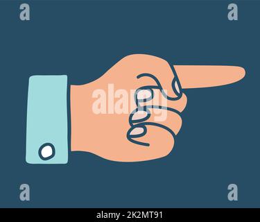 Doodle-Handfläche mit dem Finger, der nach rechts zeigt, auf dunklem Hintergrund gezeichnet Stockfoto