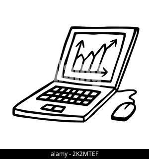 Doodle Laptop-Symbol oder Logo, handgezeichnet mit dünnen schwarzen Linie. Stockfoto
