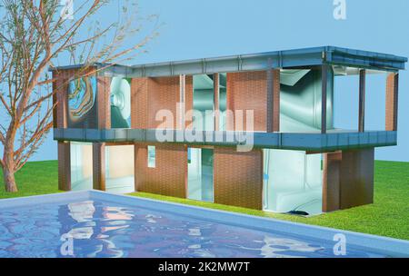 Haus mit Pool über blauem Himmel Stockfoto
