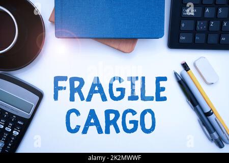 Schrift mit Text Fragile Cargo. Konzept bedeutet zerbrechlichen Griff mit Care Luftpolsterfolie Glas Gefahrgut Bürobedarf über Schreibtisch mit Tastatur und Gläsern und Kaffeetasse zum Arbeiten Stockfoto