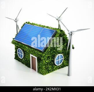 Grünhaus mit Sonnenkollektoren auf dem Dach und Windturbinen. 3D Abbildung Stockfoto