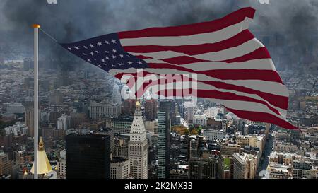 USA Flagge gegen Sturm in der Großstadt Stockfoto