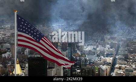 USA Flagge gegen Sturm in der Großstadt Stockfoto