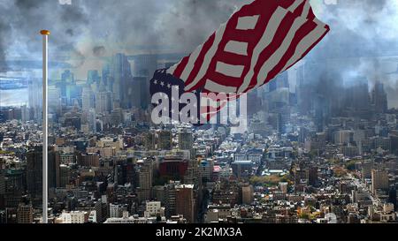 USA Flagge gegen Sturm in der Großstadt Stockfoto