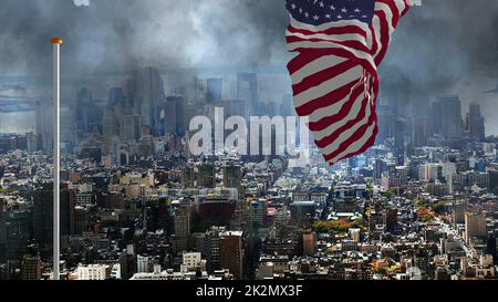 USA Flagge gegen Sturm in der Großstadt Stockfoto