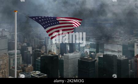 USA Flagge gegen Sturm in der Großstadt Stockfoto