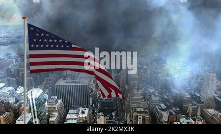 USA Flagge gegen Sturm in der Großstadt Stockfoto