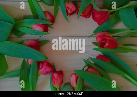 Rosa Tulpen mit grünen Blättern liegen in einem Kreis mit einer freien Stelle in der Mitte auf einem Holzhintergrund Stockfoto