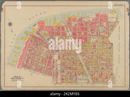 Bromley, George Washington. Kartographie, Karten, Atlanten, Landvermessungen. 1908. Lionel Pincus und Prinzessin Firyal Map Division. Brooklyn (New York, New York) , Karten Platte 1: Begrenzt durch Plymouth Street, Washington Street, John Street, Bridge Street, Marshall Street, Little Street, Evans Street, Hudson Avenue (United States Navy Yard), Prospect Street, Navy Street, Tillary Street, Fulton Street, Clark Street, Furman Street (East River Piers), Water Street und Dock Street Plate 1: Teil von Abschnitt 1 Stockfoto