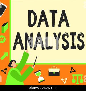 Schild mit Datenanalyse. Business Showcase Zahlen in analytische Schlussfolgerung übersetzen Prognosen Geschäftsmann zeigt Fingerpräsentation Board, das Planungsprojekte repräsentiert. Stockfoto