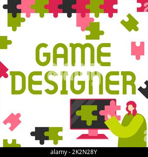 Text mit Inspiration Game Designer. Word für Campaigner Pixel Scripting Programmierer Konsolen 3D Grafik Lady Holding Puzzle-Stück für innovative Ideen zur Problemlösung. Stockfoto