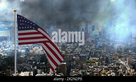USA Flagge gegen Sturm in der Großstadt Stockfoto