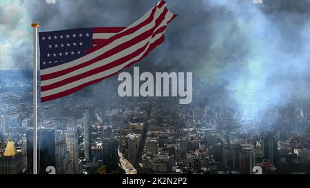 USA Flagge gegen Sturm in der Großstadt Stockfoto