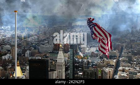 USA Flagge gegen Sturm in der Großstadt Stockfoto