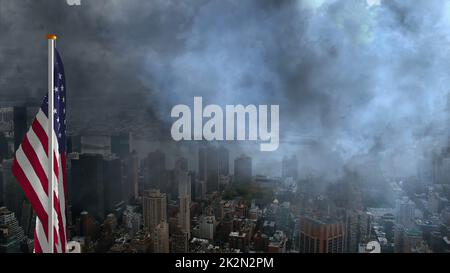 USA Flagge gegen Sturm in der Großstadt Stockfoto