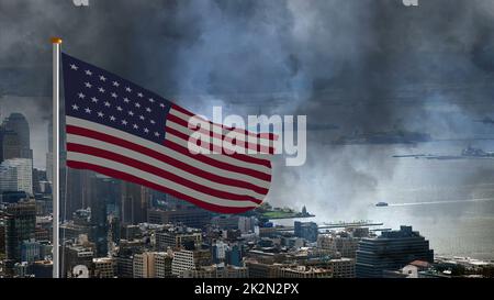 USA Flagge gegen Sturm in der Großstadt Stockfoto