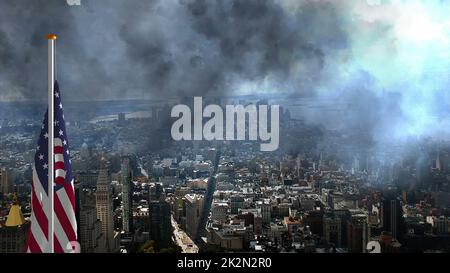 USA Flagge gegen Sturm in der Großstadt Stockfoto