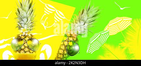 Kreative Ananas mit Sonnenbrille auf Sommerhintergrund. Stockfoto