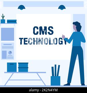 Konzeptionelle Beschriftung CMS-Technologie. Word für Programme, die zur Erstellung und Verwaltung digitaler Inhalte verwendet werden Geschäftsfrau mit gelegentlichem Stehen, die Diagramme und neue wunderbare Ideen präsentiert. Stockfoto