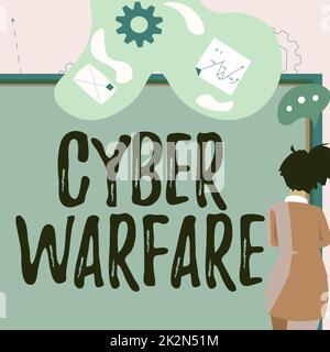 Konzeptunterschrift Cyber Warfare. Business Idea Hacker Virtual war System greift Digital Dieb Stalker Geschäftsfrau an, die ein Geschäftsangebot und Updates an Bord präsentiert. Stockfoto