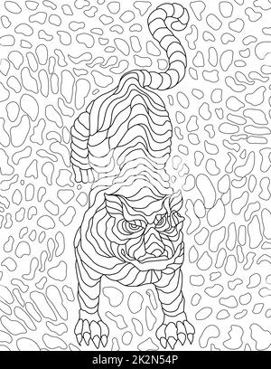 Doodle Tiervektorlinien, die Musterkreise zeichnen. Digital lineart Bild Tiger kreisförmiger Hintergrund. Skizzieren Sie Kunstwerke und katzenartige, strukturierte Linien. Stockfoto