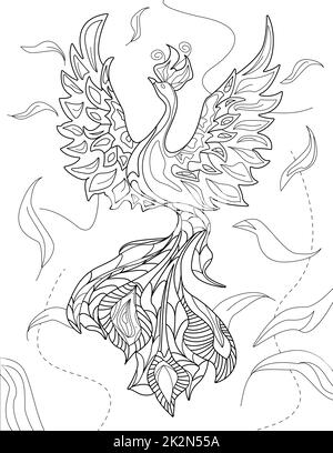 Abstrakte Vektorlinien zeichnen eleganten fließenden hintergrund aus phoenix. Digital lineart Bild Tierdekorierte Blumen kreisförmige Hintergrundstruktur. Stockfoto