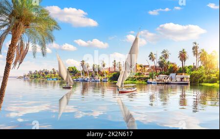 Segelboote auf dem Nil und Blick auf Luxor, Ägypten Stockfoto