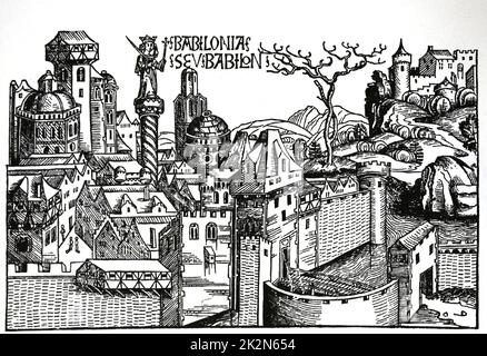 Mesopotamien. Babylon City. Die Nürnberger Chroniken. 15. Jahrhundert. Stockfoto