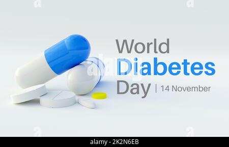 Der Weltdiabetestag wird jedes Jahr am 14. November beobachtet, es ist die primäre globale Sensibilisierungskampagne, die sich auf Diabetes konzentriert. 3D Rendering Stockfoto