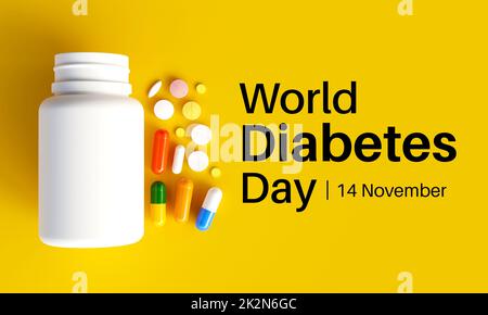 Der Weltdiabetestag wird jedes Jahr am 14. November beobachtet, es ist die primäre globale Sensibilisierungskampagne, die sich auf Diabetes konzentriert. 3D Rendering Stockfoto