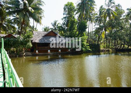 Idyllische Ruhe. Traditionelles Holzgebäude, umgeben von tropischen Palmen am Ufer eines Flusses in Indien. Stockfoto