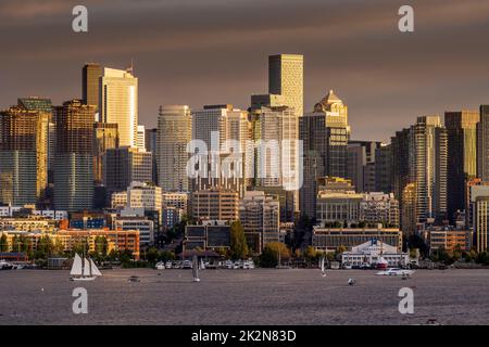 Panoramablick auf den Lake Union und die Skyline der Innenstadt, Seattle, Washington, USA Stockfoto